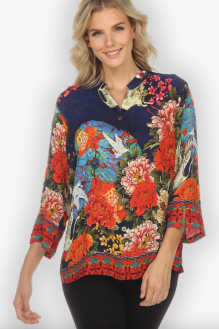 "CRANE PARADISE FANS" 3/7 SLV BLOUSE