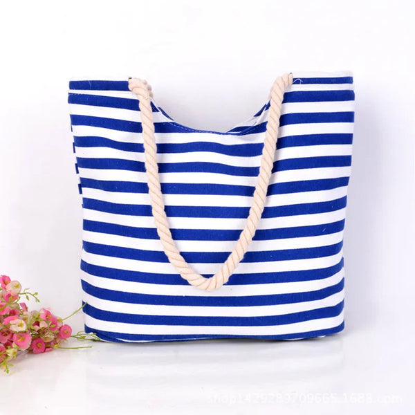 Women's Striped Canvas Tote Bag Large Capacity Shoulder Beach Bag