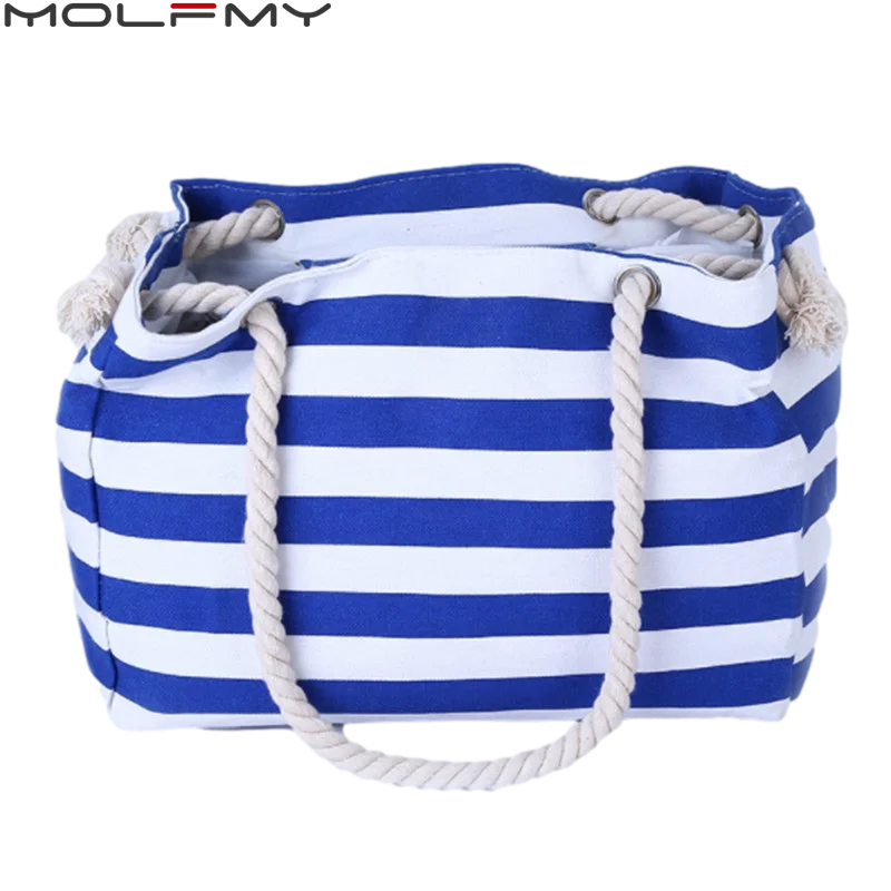 Women's Canvas Striped Tote Bag - Large Capacity Casual Beach Shoulder Handbag