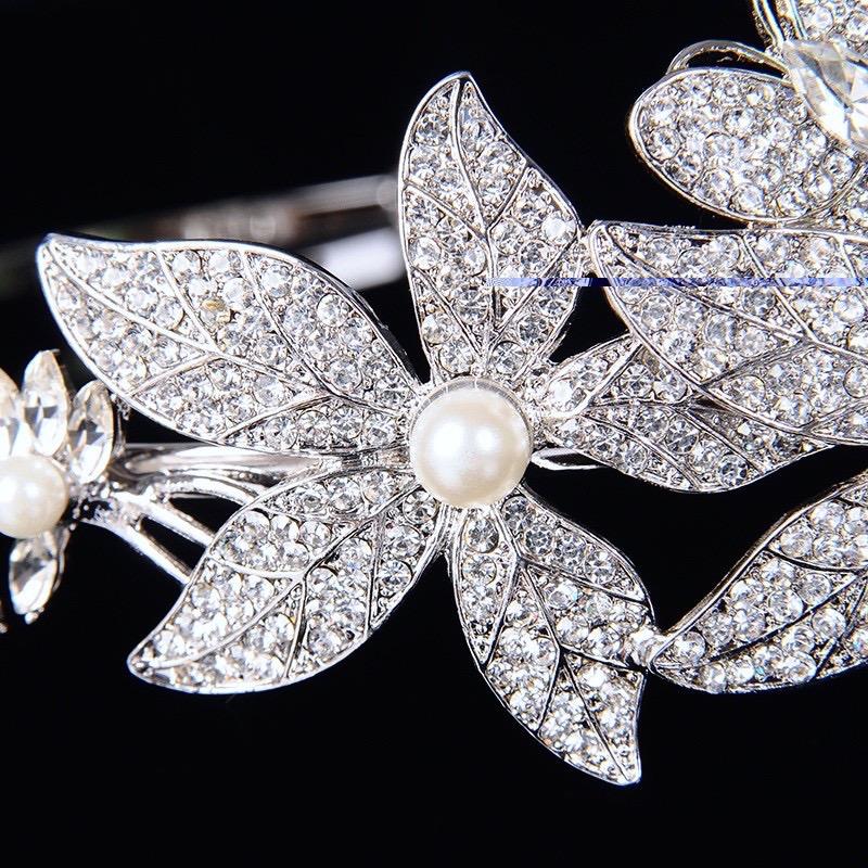 "Aleah" - Silver Pearl and Crystal Bridal Side-Headband/Tiara