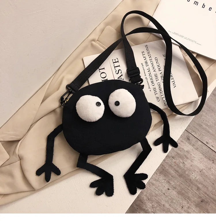 Big-Eyed Monster Canvas Shoulder Bag - Unisex Black Messenger Bag with Adjustable Strap