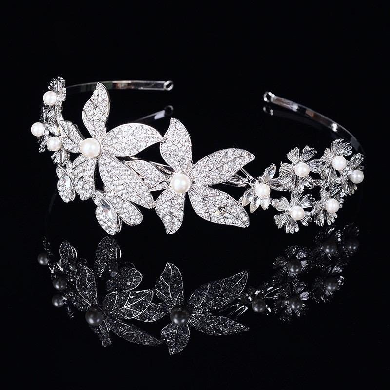 "Aleah" - Silver Pearl and Crystal Bridal Side-Headband/Tiara
