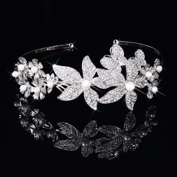 "Aleah" - Silver Pearl and Crystal Bridal Side-Headband/Tiara