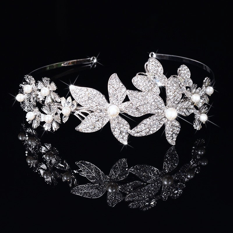 "Aleah" - Silver Pearl and Crystal Bridal Side-Headband/Tiara