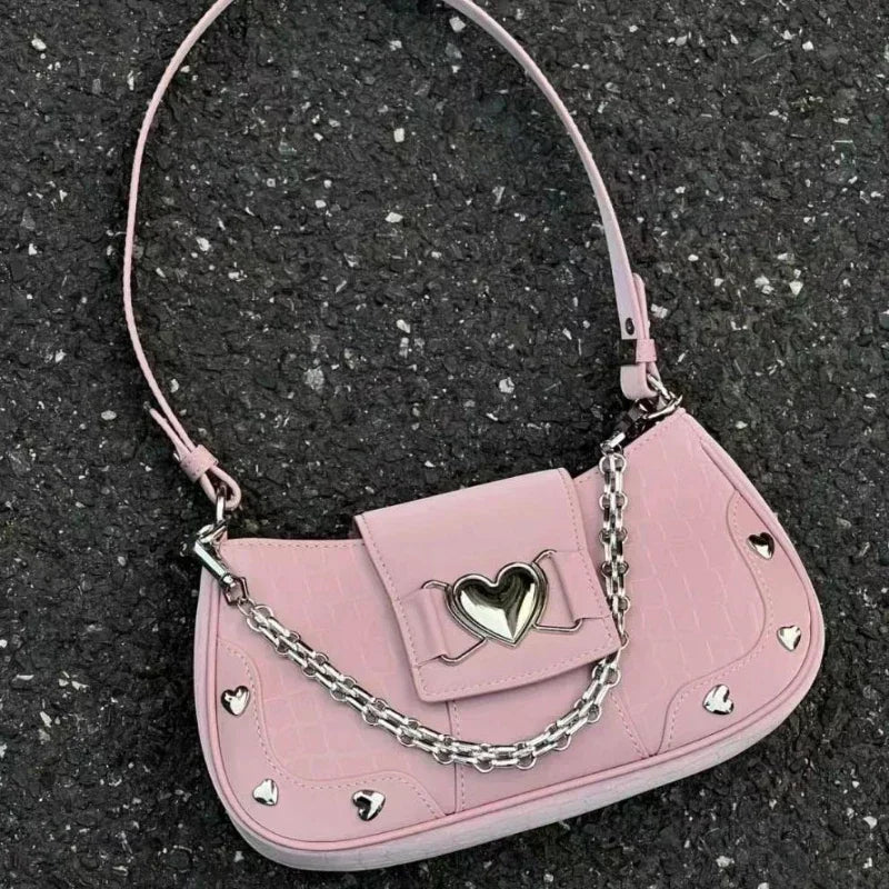 Y2K Pink Heart Chain Vintage Shoulder Bag