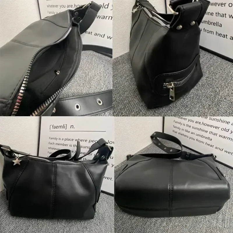 Y2K Korean Gothic Star Girl Black Handbag Harajuku Aesthetic Vintage Shoulder Crossbody Bag Trendy Women Messenger Tote Bags