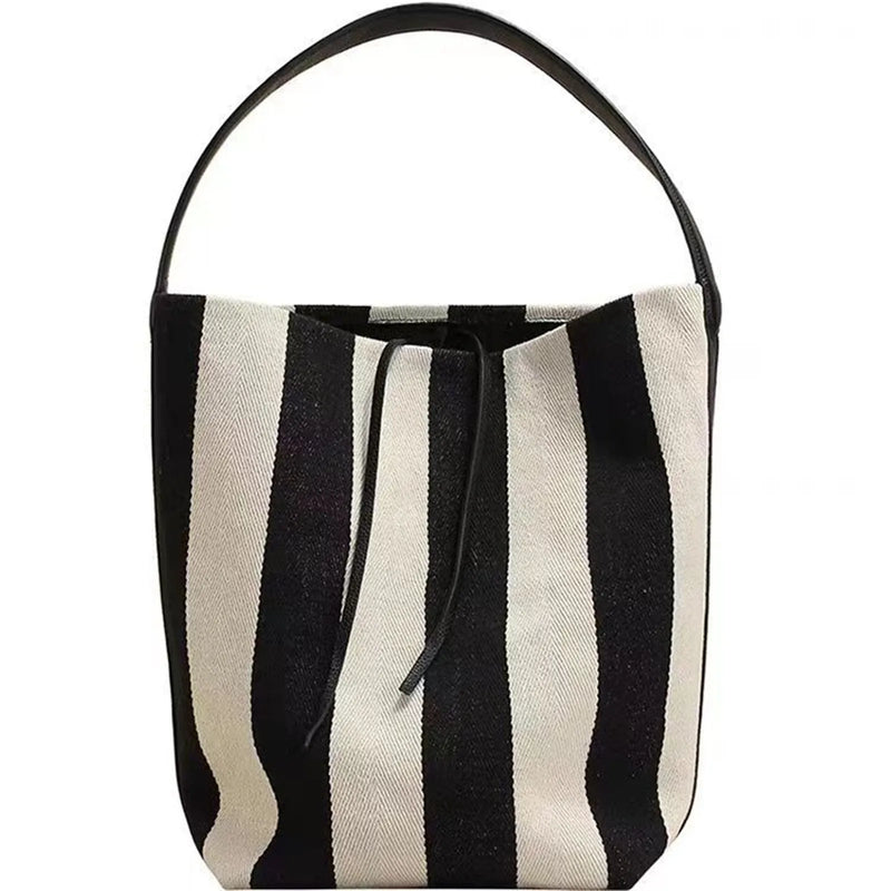 Wide Stripe Canvas Bucket Bag - Large Capacity Shoulder Tote
