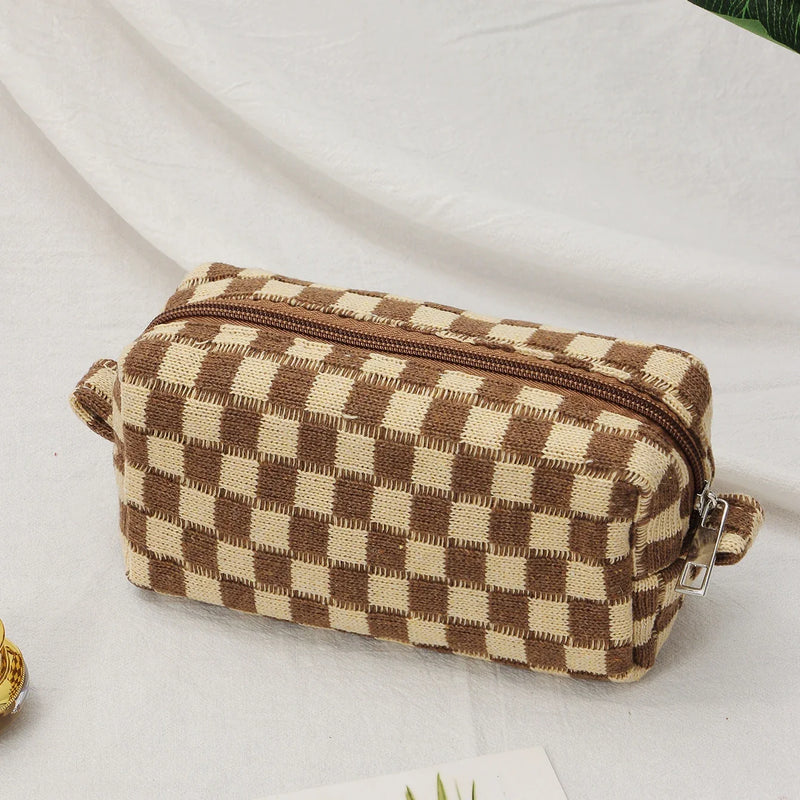 Checkerboard Cosmetic Bag Knitted Toiletry Storage Bag Colorful Makeup Pouch Organizer Checkered Pattern Cosmetic Bag
