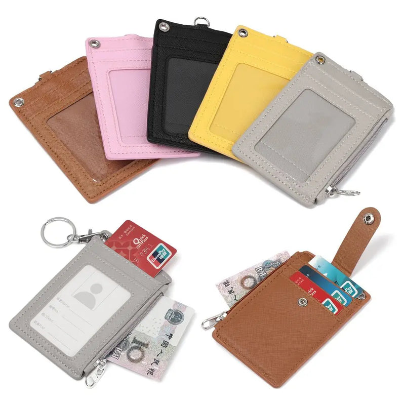 Portable PU Leather Coin Purse Wallet Keychain Office Work Business ID Card Credit Badge Holder Bus Cards Cover Zipper Pocket