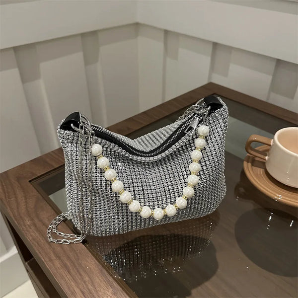 Rhinestone Pearl Handbag Gold Silver Party Purse
