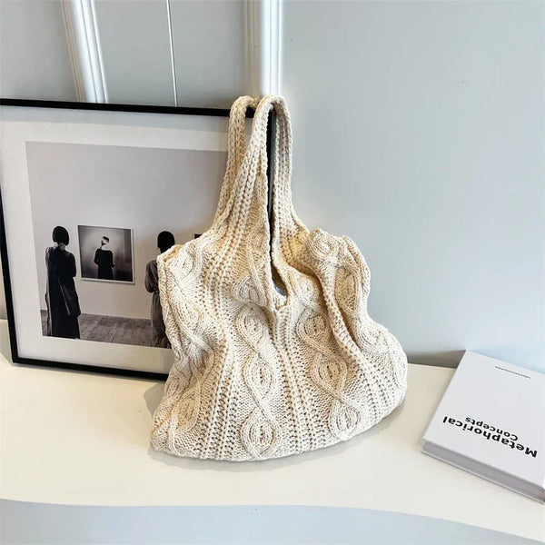 Vintage Wool Knitted Shoulder Bag - Large Capacity Crochet Tote for Women