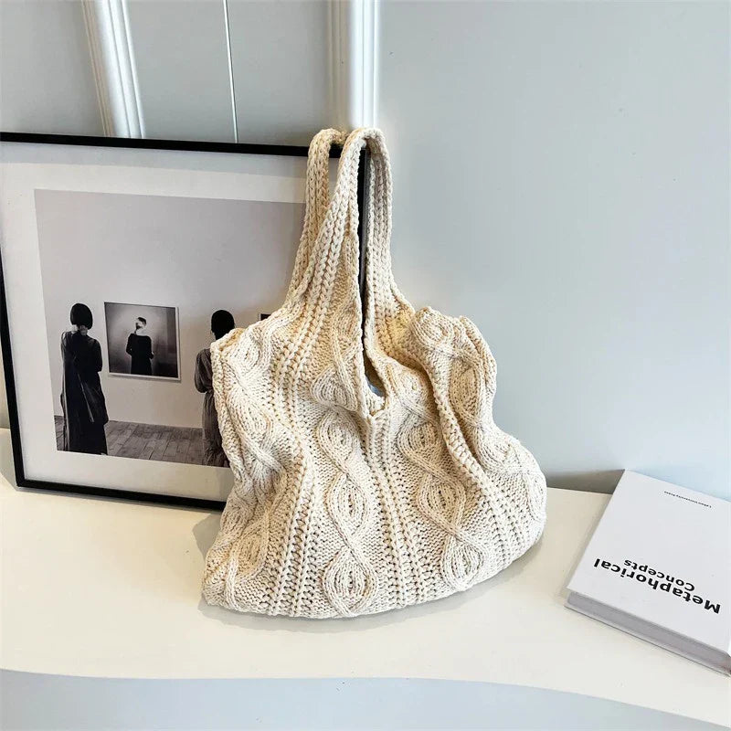 Vintage Wool Knitted Shoulder Bag - Large Capacity Crochet Tote for Women