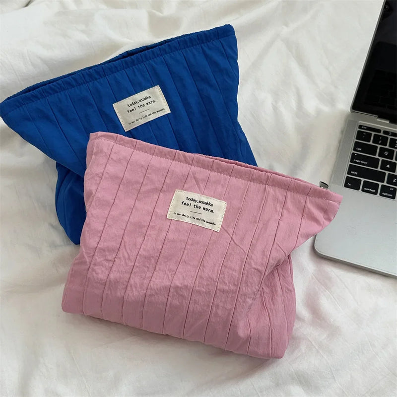 Simple Solid Color Striped Makeup Bag Women's Cosmetic Bag Makeup Case Female Travel Storage Bags Girls Clutch Purse Handbags