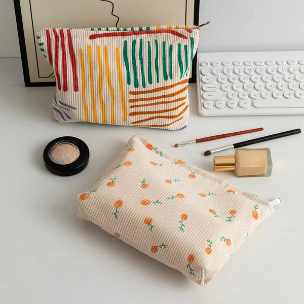 New Fashion Striped Corduroy Clutch Cosmetic Bag Large Capacity Makeup Pouch Toiletries Bag Travel Outdoor Makeup Storage