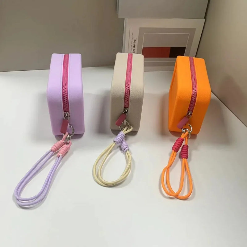 Square Silicone Coin Purse Mini Lipstick Cosmetic Bag Small Jewelry Bag Data Cable Storage Bag Women Wallet With Wrist Strap