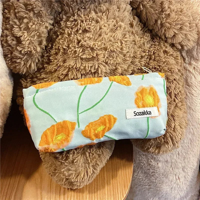 Retro Floral Corduroy Cosmetic Bag Clutch Makeup Pouch Toiletry Organizer