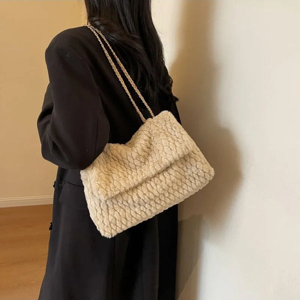 Vintage Plush Handbag Large Capacity Soft Tote Shoulder Crossbody Bag