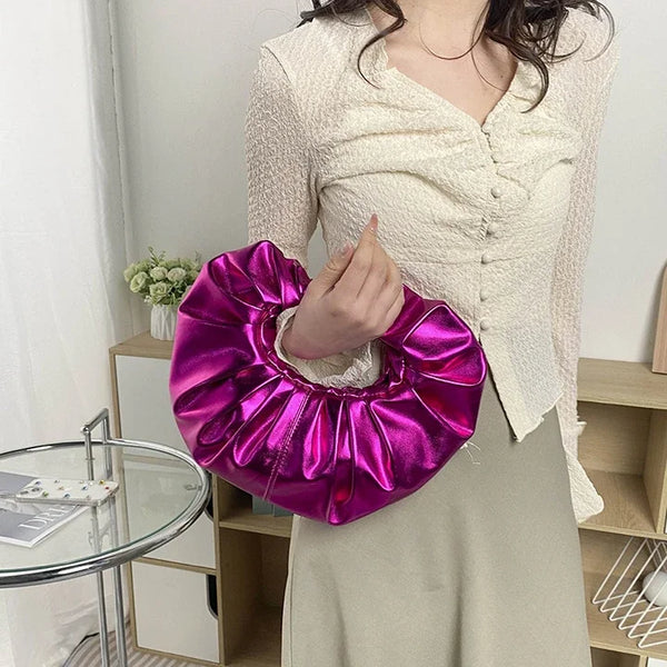Candy Color Metallic Silver Clutch Pleated Shoulder Bag Luxury Designer Tote