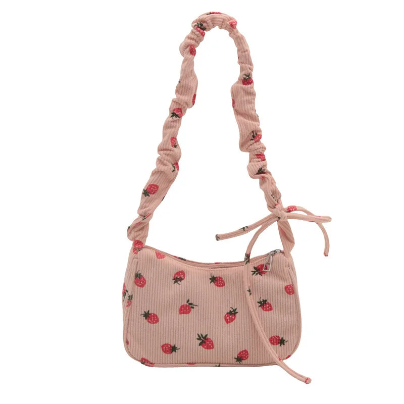 Strawberry Print Corduroy Underarm Bag - Cute Mini Tote Shoulder Handbag
