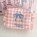 Grid Bow Cosmetic Bag Ins Makeup Storage Bag Large Capacity Handbag Storage Tool Portable Women Zipper Cosmetic Organizer 가방