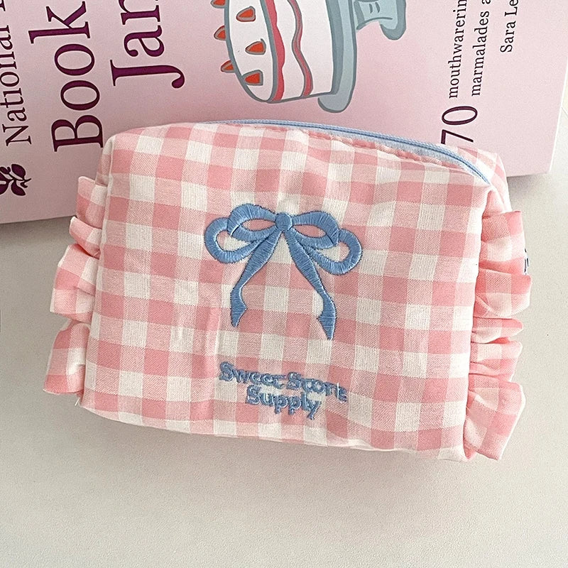 Grid Bow Cosmetic Bag Ins Makeup Storage Bag Large Capacity Handbag Storage Tool Portable Women Zipper Cosmetic Organizer 가방