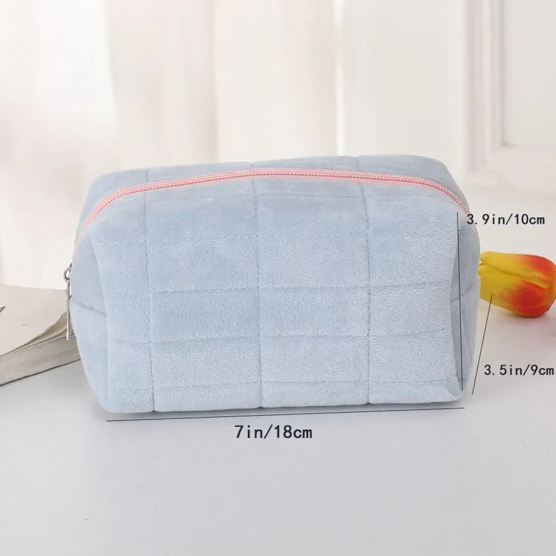 Solid Plush Cosmetic Storage Bag Large Women Zipper Makeup Organizer Handbag Stationery Pencil Case Travel Make Up Toiletry Bag