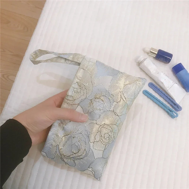 Pink Floral Print Women's Cosmetic Bag Retro Flower Ladies Small Clutch Purse Travel Handbags Student Pencil Case Storage Bags