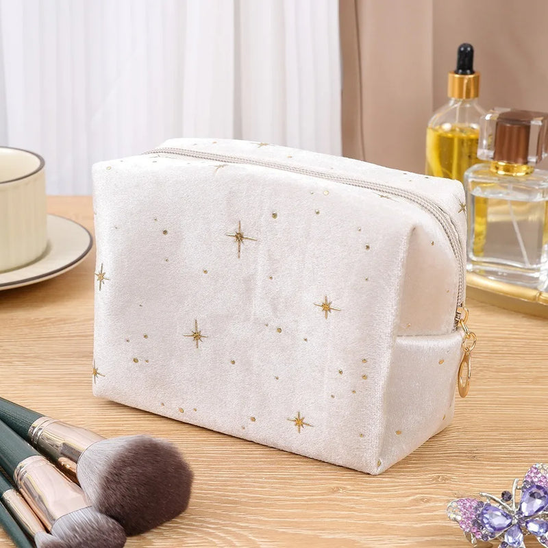 High Quality Portable Cosmetic Bag Soft Velvet Hot Stamping Star Pattern Make Up Storage Bag with Zipper Beauty Case Pouch