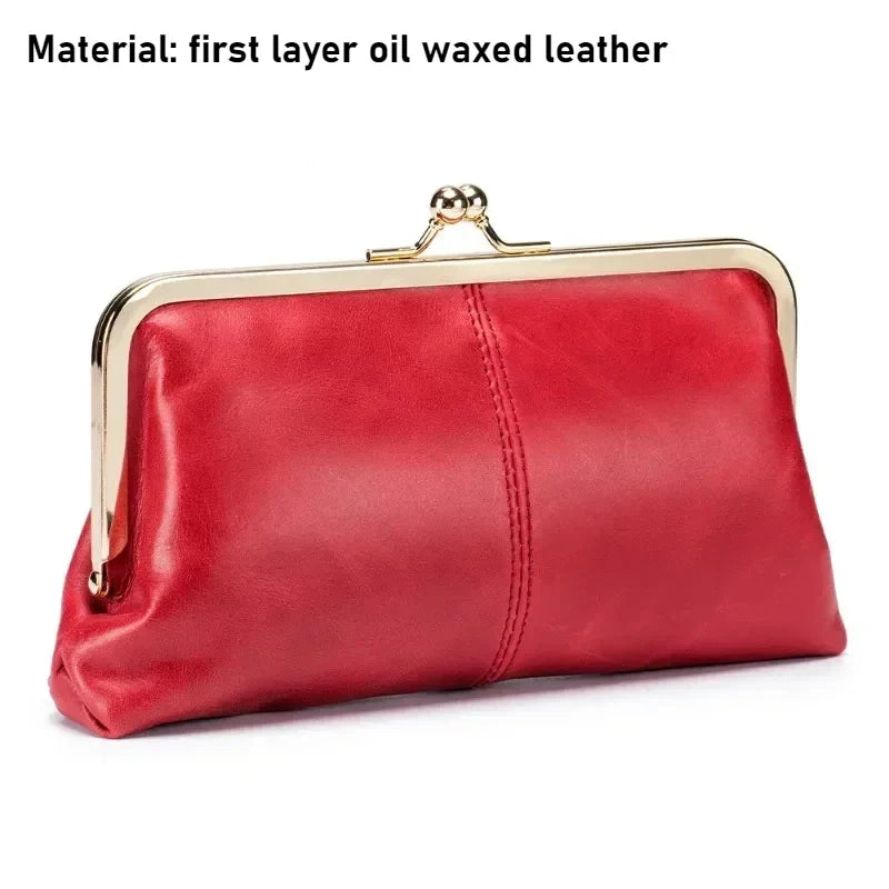 Genuine Leather Long Clutch Wallet Clip Bags Vintage Coin Purse Card Holder Key Lipstick Storage Phone Pouch Case for Women