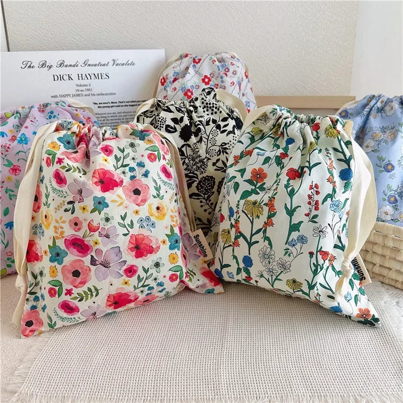 Portable Organizer for Underwear Socks Bra Cotton Makeup Bag Travel Drawstring Bags Ins Flower Print Clothes Cosmetic Bags 2025