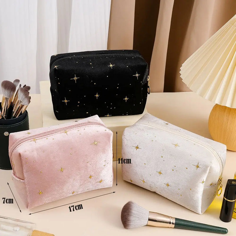 High Quality Portable Cosmetic Bag Soft Velvet Hot Stamping Star Pattern Make Up Storage Bag with Zipper Beauty Case Pouch