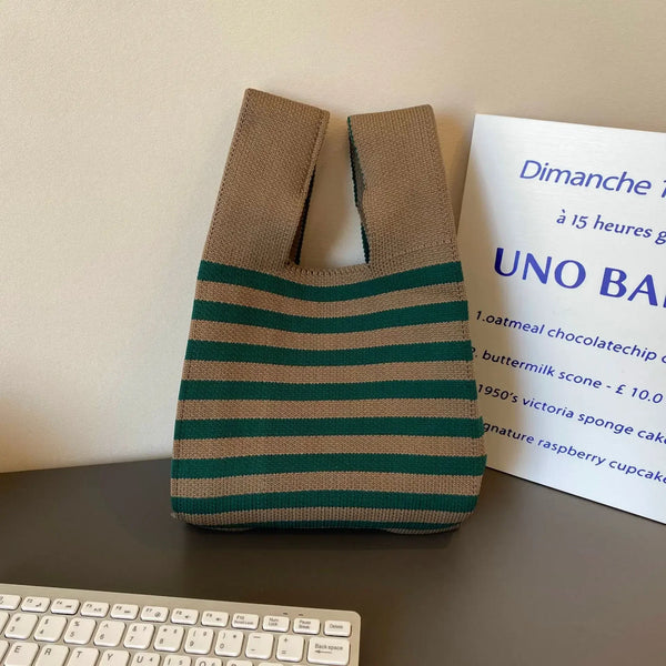 Thin Stripe Plaid Tote Mini Knot Wrist Bag Handmade Knit Reusable Shopping Key Purse