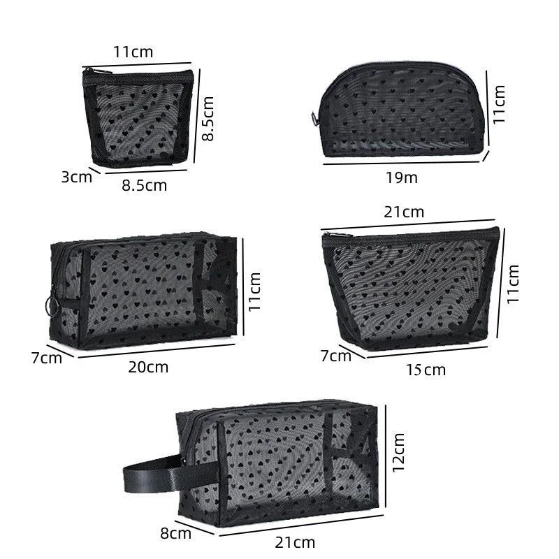 Heart-Shaped Nylon Mesh Cosmetic Bag Portable Toiletry Organizer Makeup Bag Multifunctional Women Lipstick Key Coin Purse Pouch