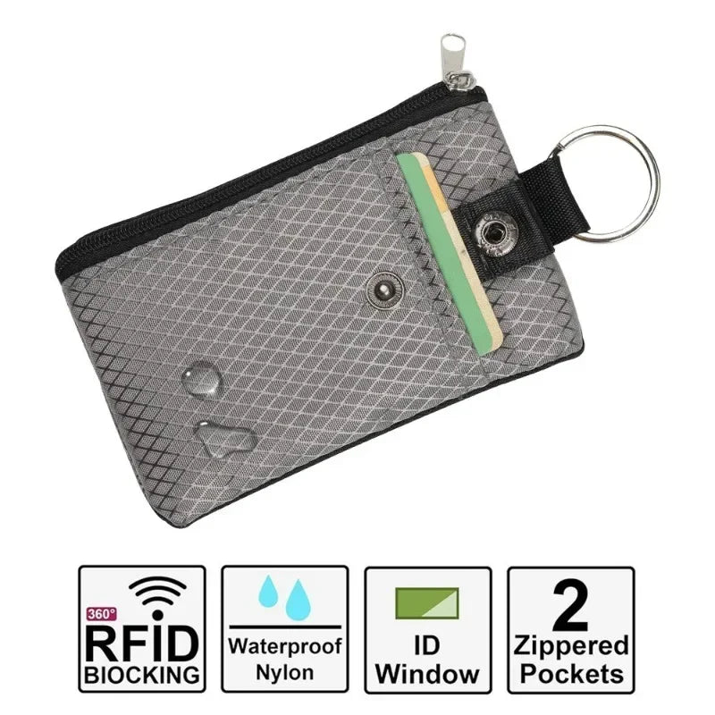 RFID Blocking Small Wallet with ID Window Waterproof Zipper Case Pouch with Lanyard Keychain for Cards Cash Coin Purse