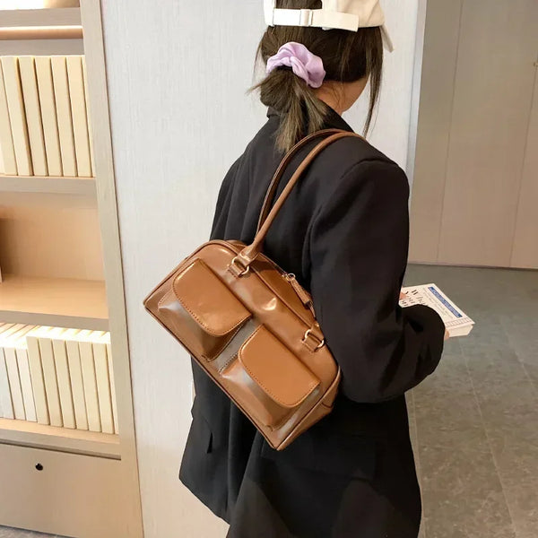 Retro Red Women's Patent Leather Satchel Hobo Bag Multi-Pocket Designer Shoulder Tote