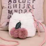 Cute Plush Cherry Pendant Faux Fur Crossbody Bag - Mini Drawstring Bucket Bag