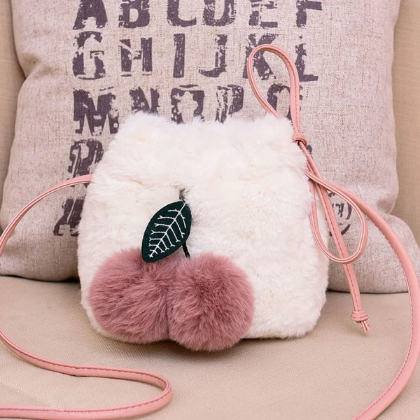 Cute Plush Cherry Pendant Faux Fur Crossbody Bag - Mini Drawstring Bucket Bag