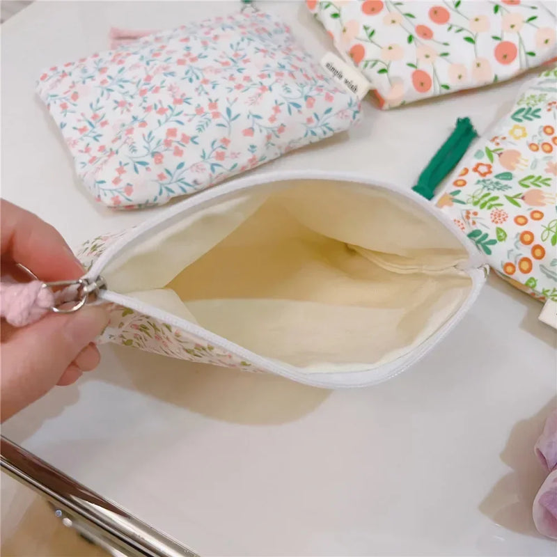 Fresh Pink Floral Cotton Cosmetic Bag Cute Mini Makeup Case for Lipstick Coin Purse card case and Earphone Storage