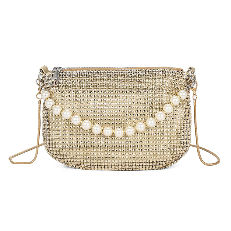 Rhinestone Pearl Chain Evening Clutch Crossbody Purse Handbag