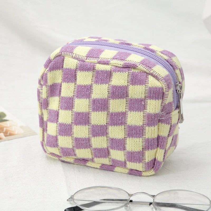 Checkerboard Cosmetic Bag Knitted Toiletry Storage Bag Colorful Makeup Pouch Organizer Checkered Pattern Cosmetic Bag