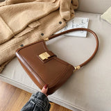 Women's Solid Color PU Leather Shoulder Bag - Trendy Lock Handbag, Small Designer Purse, Zipper Clutch