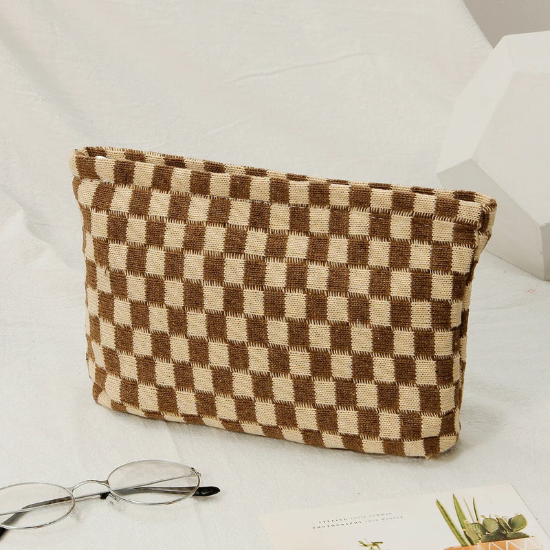 Checkerboard Cosmetic Bag Knitted Toiletry Storage Bag Colorful Makeup Pouch Organizer Checkered Pattern Cosmetic Bag