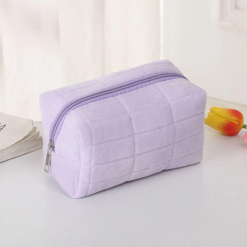 Solid Plush Cosmetic Storage Bag Large Women Zipper Makeup Organizer Handbag Stationery Pencil Case Travel Make Up Toiletry Bag