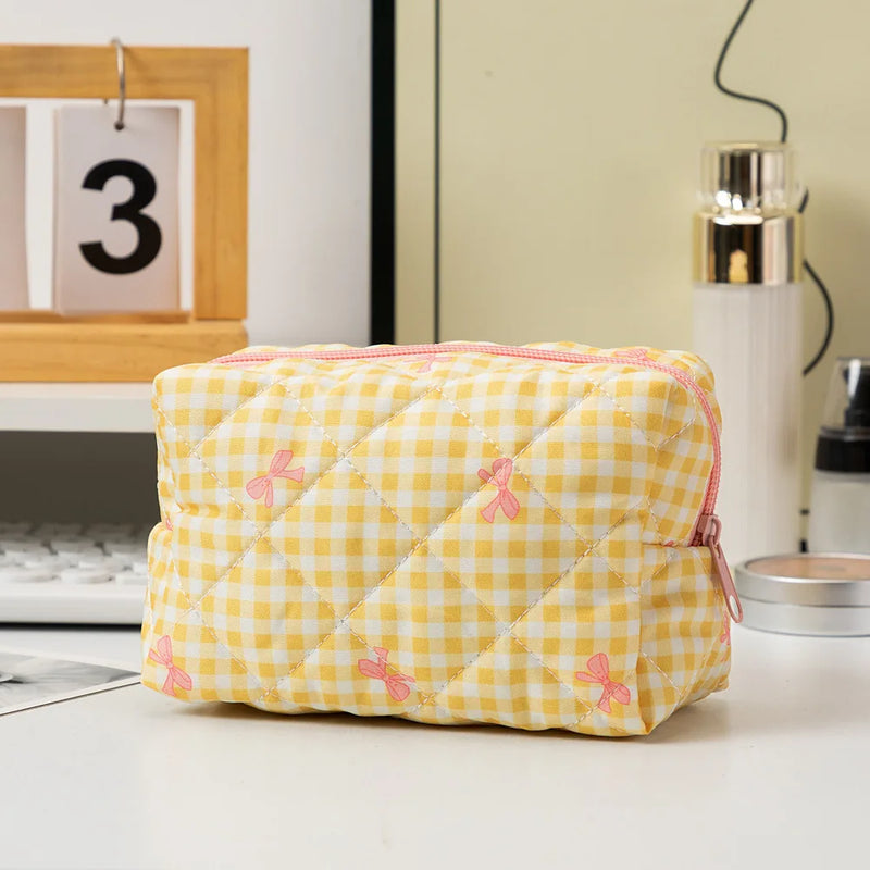 Women's Cosmetic Bags Bow Cute Cotton Makeup Bag Women Zipper Cosmetic Organizer Portable Toiletry Handbag