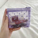 Purple Heart Printed Mesh Transparent Cosmetic Bag Portable Travel Makeup Organizer Toiletry Storage Bag Pouch Card Holder Purse