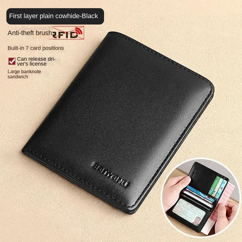 Genuine Leather Rfid Wallet for Men Slim Vertical Wallets Black Thin Short ID Credit Card Holder Minimalist Men's Blue Money Bag