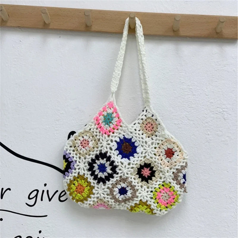 Crochet Floral Tote Bag Large Capacity Vintage Knitted Shoulder Handbag