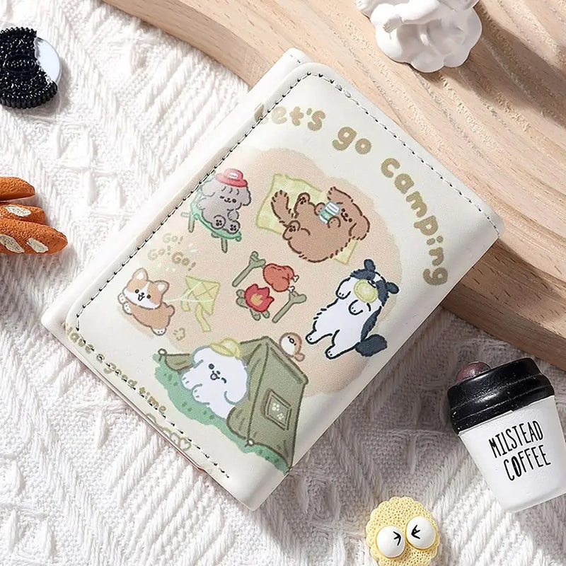 PU Leather Money Coin Purse 3 Folds INS Style Credit Card Holoder Cute Kitten Dog Card Wallets Money Bag Girls Students Gift