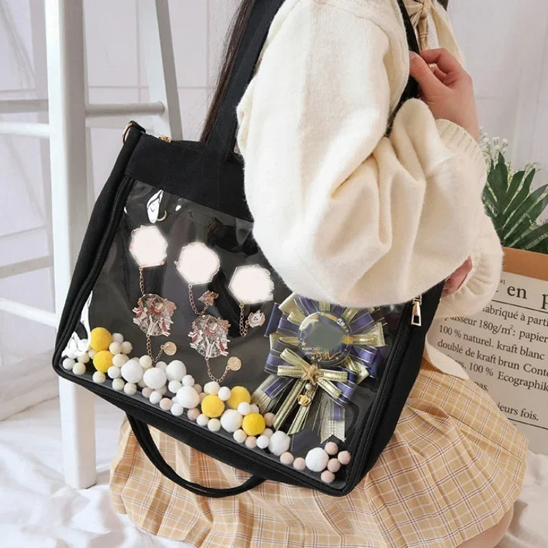 Kawaii Black Ita Bag with Clear Insert and Double Straps