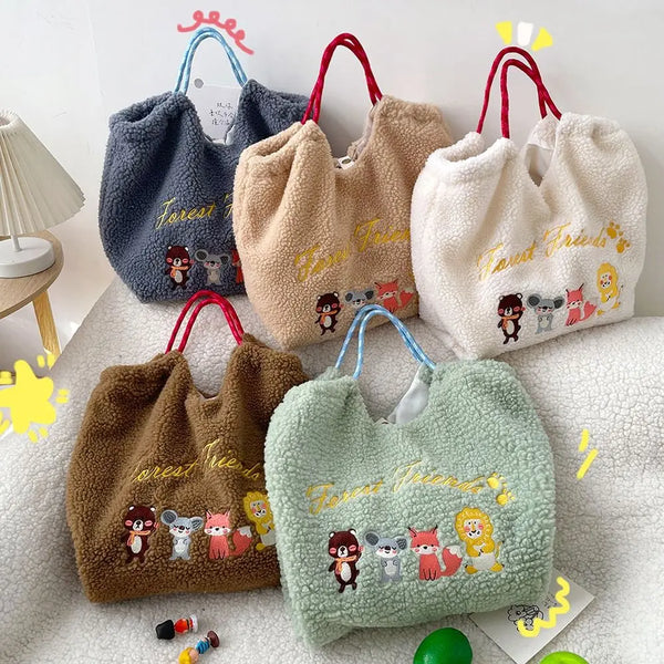 Cartoon Animal Plush Drawstring Handbag - Large Capacity Lamb Wool Tote